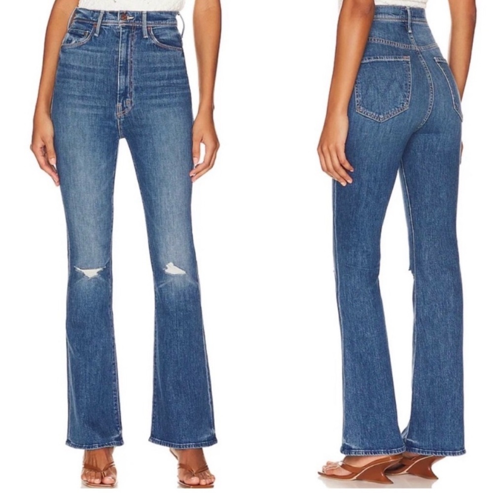 MOTHER The Tippy Top Cruiser Sneak in Globe Trotter Blue Flare Jeans 26